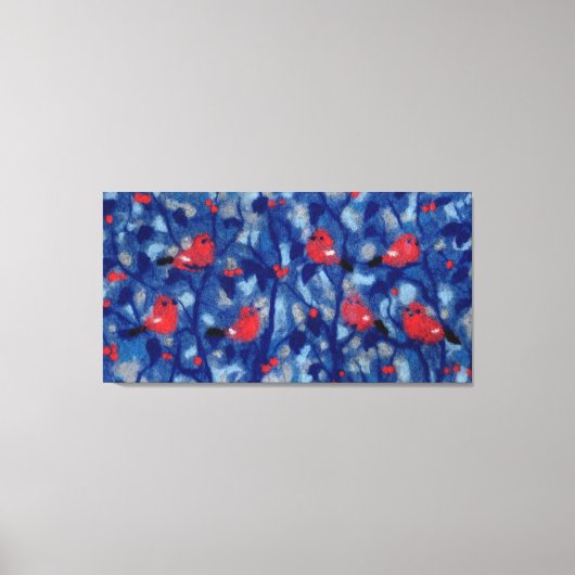 Prachtvinken, rode vogels blauwe bosbomen vezelkun canvas afdruk (Voorkant)