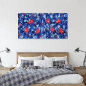 Prachtvinken, rode vogels blauwe bosbomen vezelkun canvas afdruk (Insitu (Slaapkamer))