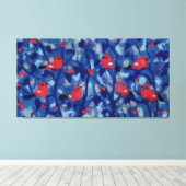 Prachtvinken, rode vogels blauwe bosbomen vezelkun canvas afdruk (Insitu (Houten vloer))
