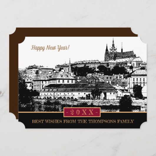 Prague Castle New Years Card, Prague Art  Holiday Feestdagenkaart (Voorkant / Achterkant)