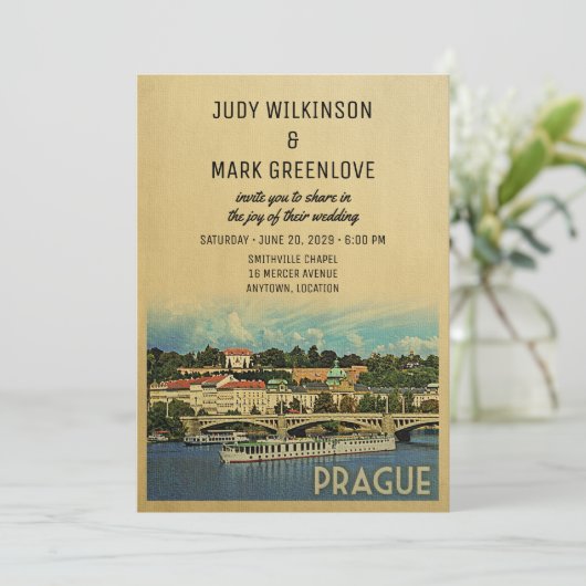 Prague Wedding Invitation Tsjechië Kaart (Staand voorkant)