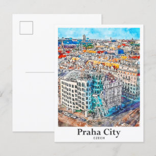 Praha City Tsjechische Reis Waterverf Hand geteken Briefkaart