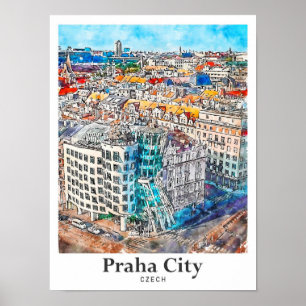 Praha City Tsjechische Reis Waterverf Hand geteken Poster