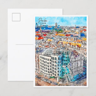 Praha Tsjechische vintage reizen waterverf Briefkaart