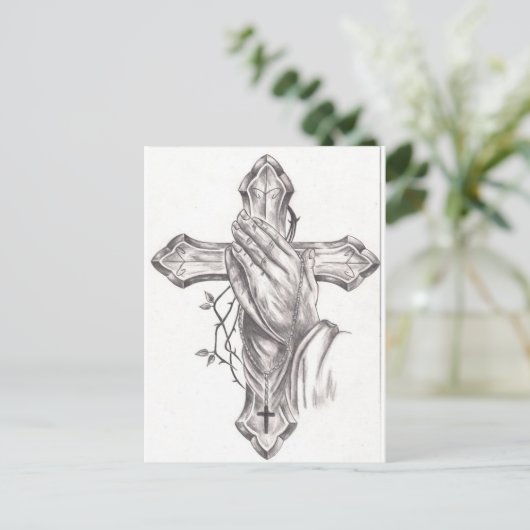 Praiende handen en kruis briefkaart (Staand voorkant)