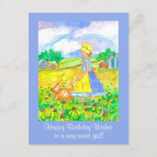 Prairie Boerderij Meisje Walking a Dog Happy Birth Briefkaart