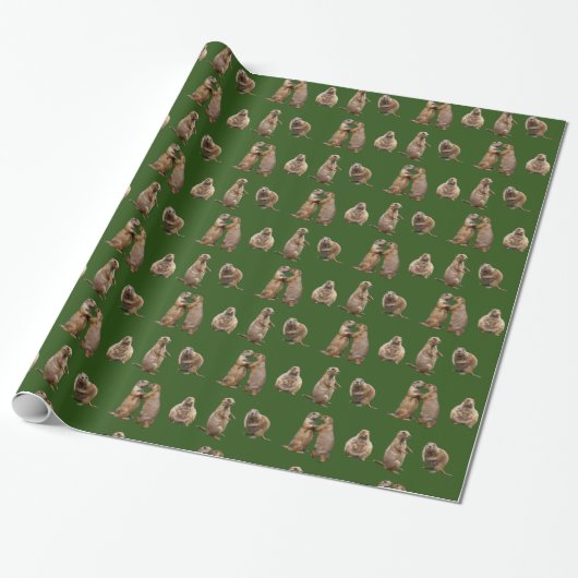 Prairie Dog Frenzy Wrapping Paper (donkergroen) Cadeaupapier (Uitgerold)