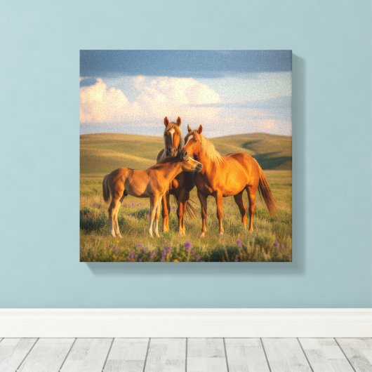 Prairie Family – Horses & Foal at Sunset Wall Art Canvas Afdruk (Insitu (Houten vloer))