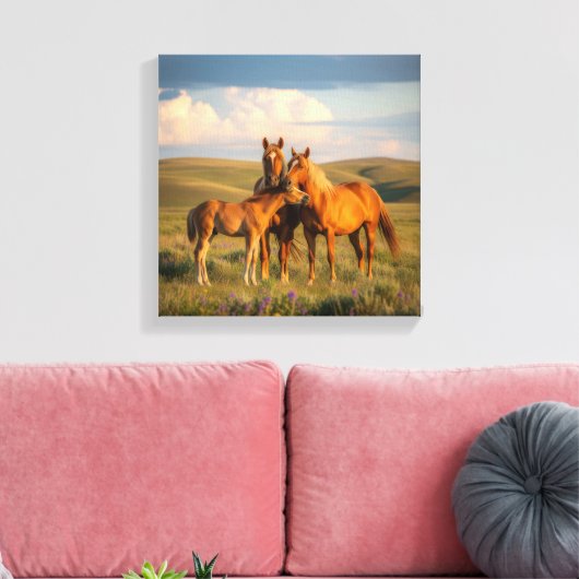 Prairie Family – Horses & Foal at Sunset Wall Art Canvas Afdruk (Insitu (Woonkamer))