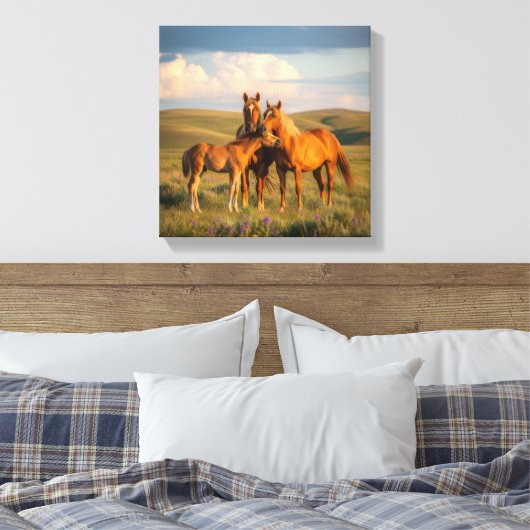 Prairie Family – Horses & Foal at Sunset Wall Art Canvas Afdruk (Insitu (Slaapkamer))