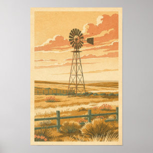 Prairie Windmolen bij Schemering Retro Reizen Poster