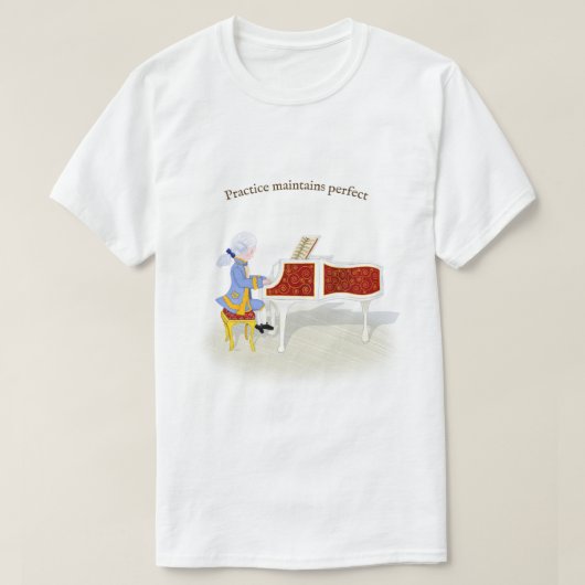 "Praktijk handhaaft perfecte Mozart die Piano spee T-shirt (Design voorkant)
