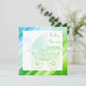 PRAM BABY SHOWER INVITATIE groen blauw Kaart (Staand voorkant)