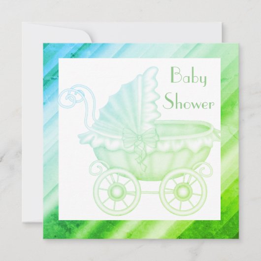 PRAM BABY SHOWER INVITATIE groen blauw Kaart (Voorkant)