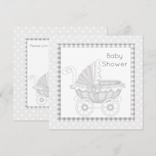PRAM BABY SHOWER INVITATION GRAY/WHITE KAART (Voorkant / Achterkant)