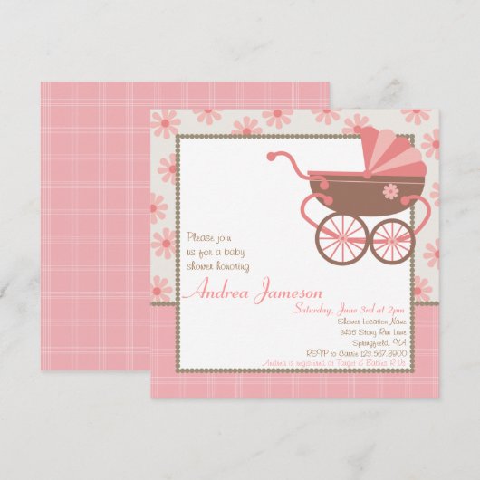 Pram Baby shower Invitation Kaart (Voorkant / Achterkant)