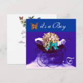  PRAM, FLOWERS, BUTTERFLIES BABY BOY SHOWER KAART (Voorkant / Achterkant)