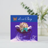  PRAM, FLOWERS, BUTTERFLIES BABY BOY SHOWER KAART (Staand voorkant)