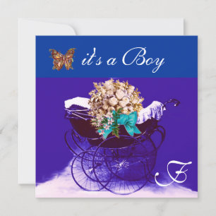  PRAM, FLOWERS, BUTTERFLIES BABY BOY SHOWER KAART