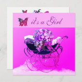 PRAM, FLOWERS, BUTTERFLIES PINK BABY SHOWER KAART (Voorkant / Achterkant)