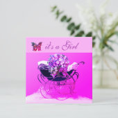  PRAM, FLOWERS, BUTTERFLIES PINK BABY SHOWER KAART (Staand voorkant)