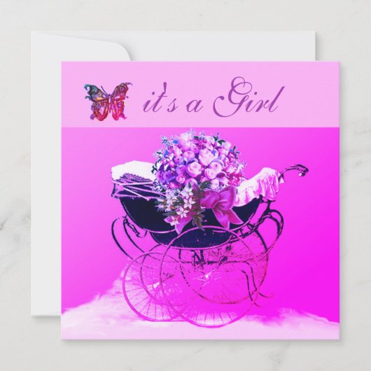  PRAM, FLOWERS, BUTTERFLIES PINK BABY SHOWER KAART (Voorkant)
