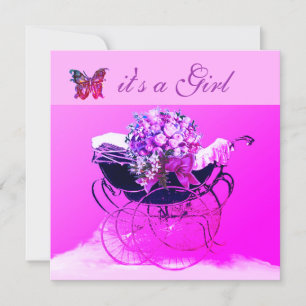 PRAM, FLOWERS, BUTTERFLIES PINK BABY SHOWER KAART