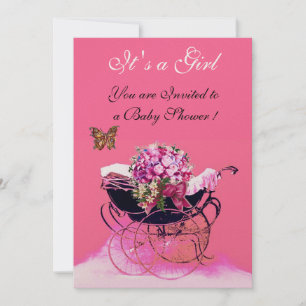 PRAM MET STROMEN, BABY SHOWER BUTTERFLIES KAART