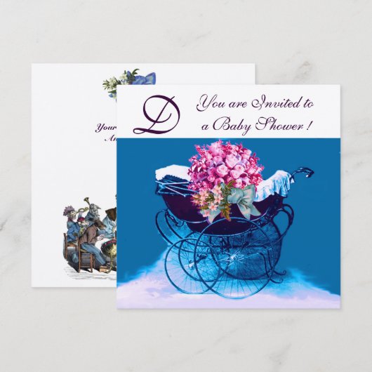  PRAM-STROMEN BLAUWE BABY SHOWER MONOGRAM KAART (Voorkant / Achterkant)