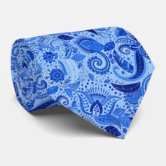 Prana Blue Silver Indische batik Style Satin Stropdas (Opgerold)