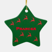 Prancer Ornament in het groen. Roze, blauw. (Achterkant)