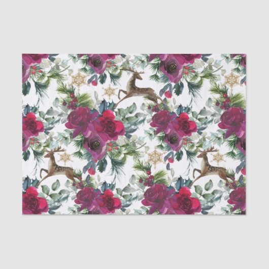 Prancing Deer in Rozen en Holly Tissuepapier (Voorkant)