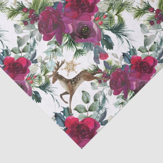 Prancing Deer in Rozen en Holly Tissuepapier (Detail)