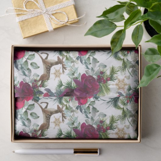 Prancing Deer in Rozen en Holly Tissuepapier (Geschenk)