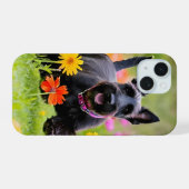 Prancing Schotse Terriers in gras en bloemen iPhone 15 Case (Achterkant horizontaal)