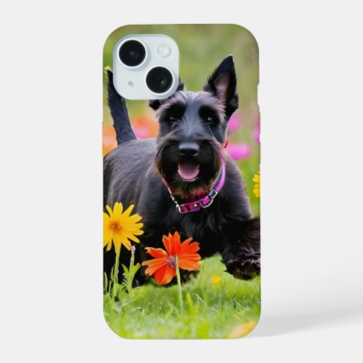 Prancing Schotse Terriers in gras en bloemen iPhone 15 Case (Achterkant)