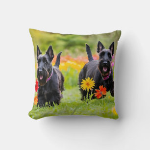 Prancing Schotse Terriers in gras en bloemen Kussen