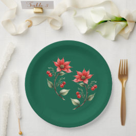 Prato de papel Natal verde e Flores Vermelhas Papieren Bordje