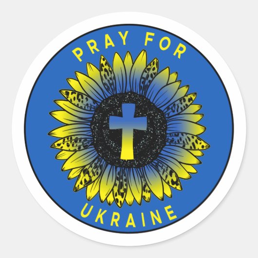Pray for Ukraine Sunflower and Cross Ronde Sticker (Voorkant)