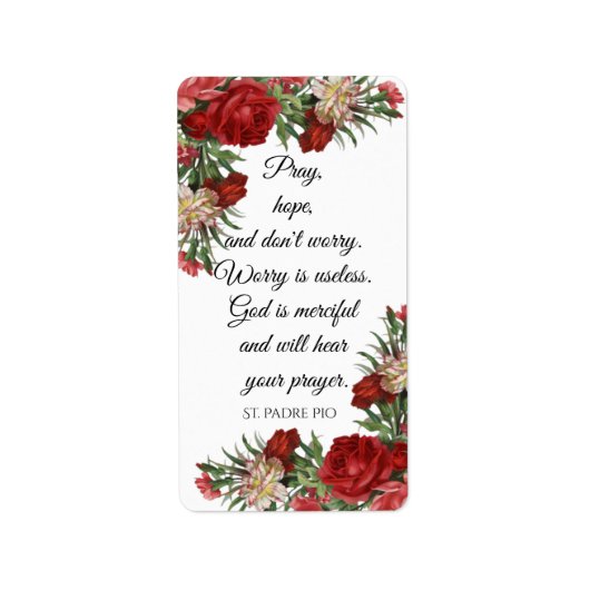 Pray Hope en Don't Worry St. Padre Pio Etiket (Voorkant)