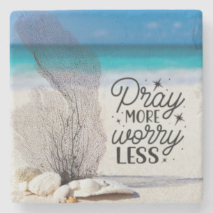 "Pray More Worry Less" Seashells on Sandy Beach Stenen Onderzetter