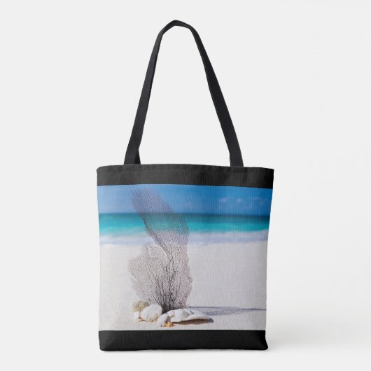 "Pray more Worry Miness" zeeschelpen op Sandy Beac Tote Bag (Achterkant)