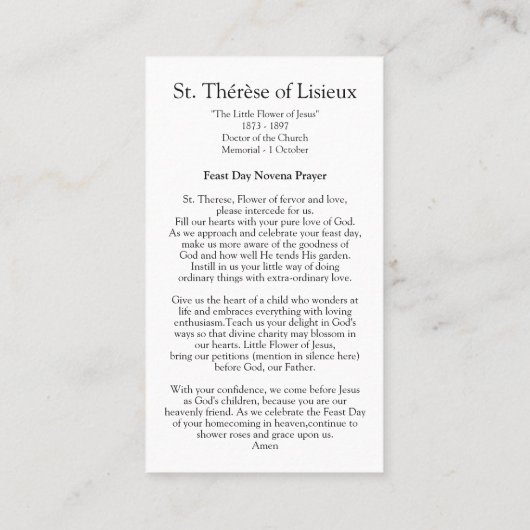Prayer Cards | St Therese Visitekaartje (Achterkant)