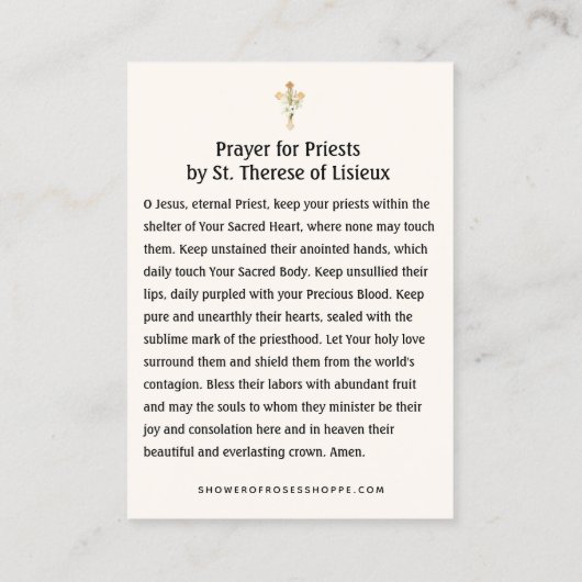 Prayer for Priests by St. Therese Holy Card Visitekaartje (Achterkant)