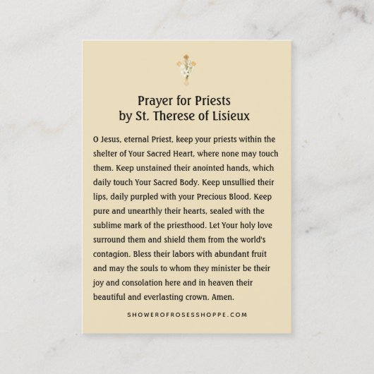 Prayer for Priests by St. Therese Holy Card Visitekaartje (Achterkant)