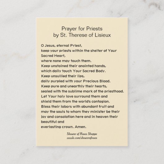 Prayer for Priests by St. Therese Holy Card Visitekaartje (Achterkant)