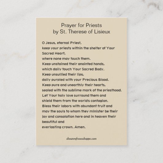 Prayer for Priests by St. Therese Holy Card Visitekaartje (Achterkant)