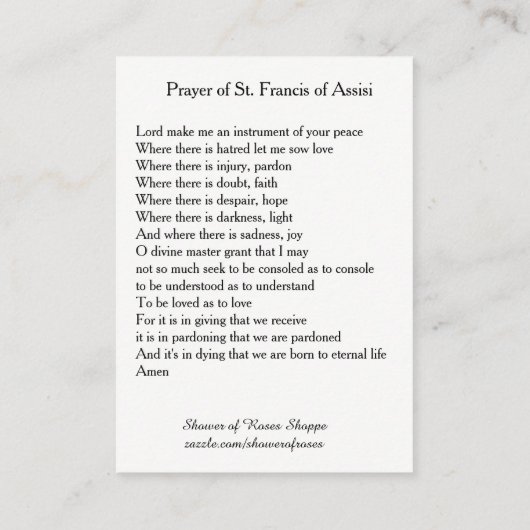Prayer van de heilige heiligdommen van Assisi Visitekaartje (Achterkant)