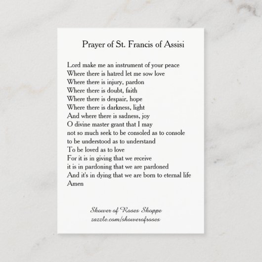 Prayer van de heilige heiligdommen van Assisi Visitekaartje (Achterkant)