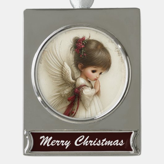 Prayerful Angel – Christmas Banner Design Verzilverd Banner Ornament (Voorkant)